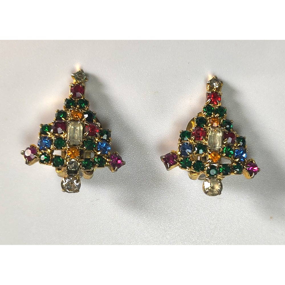 Warner Christmas Tree Earrings Vintage Multicolored Rhinestones Gold Tone